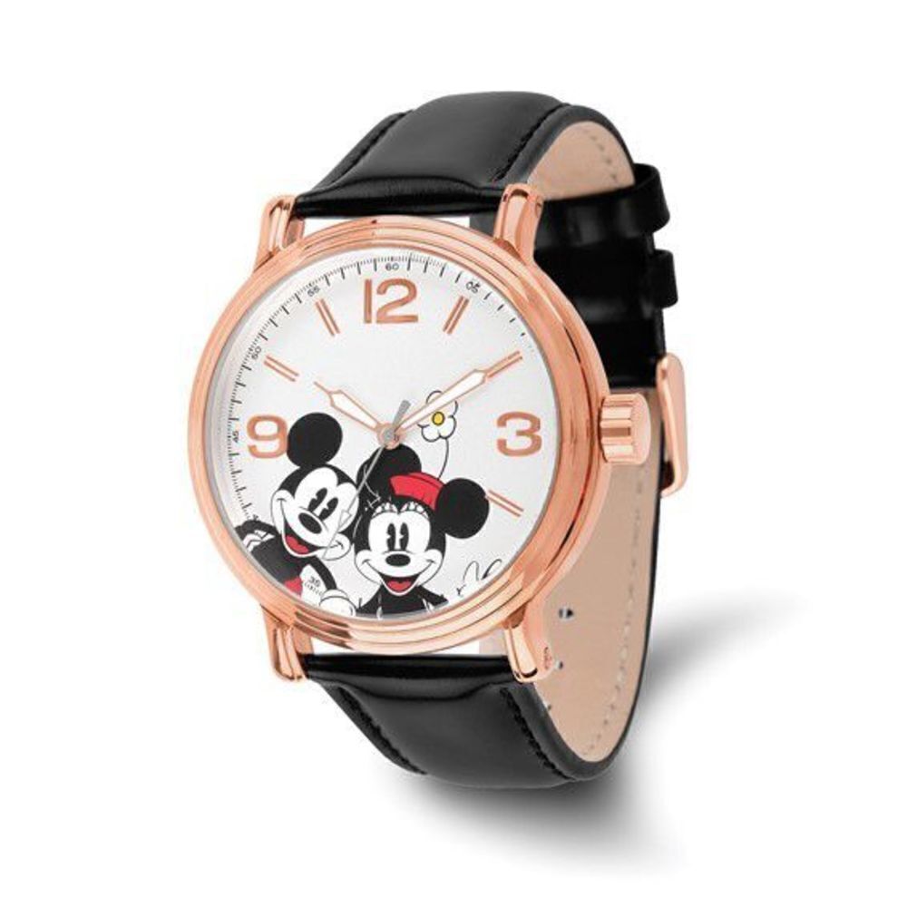 Disney Adult Size Rose-tone Black Leather Mickey/Minnie Watch